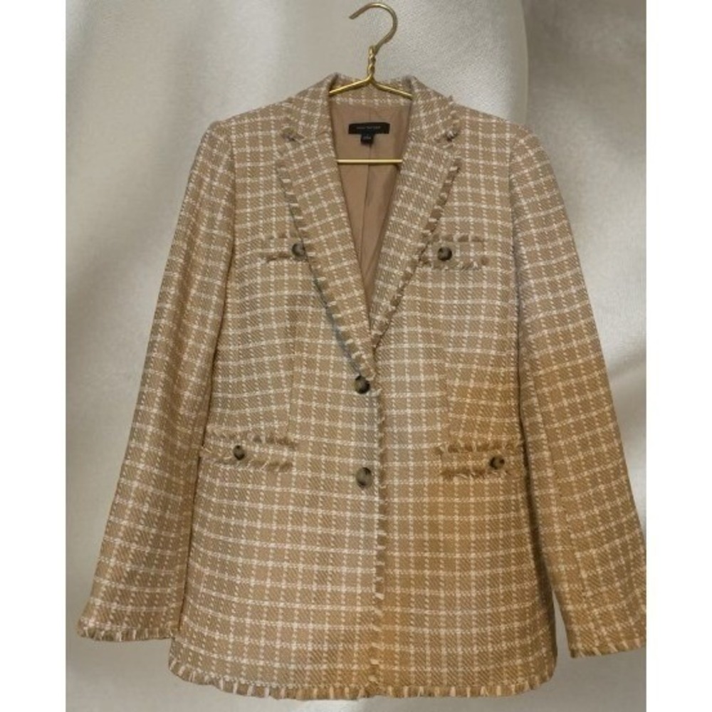 Ann Taylor Women's Plaid Fringe Tweed Blazer Size‎ 2 Tan White Classic - Picture 2 of 7